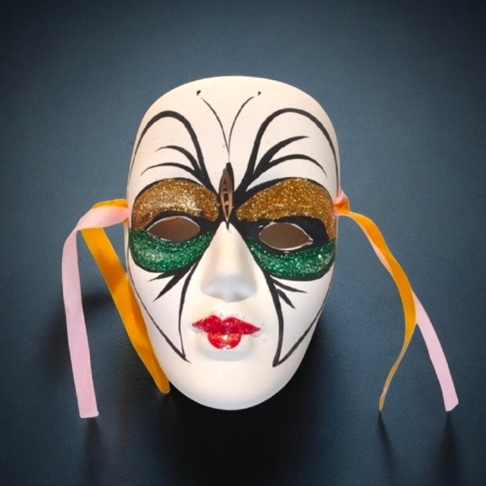 Vintage 1970s-1980s Porcelain Butterfly Mardi Gras Masquerade Wall Mask (w/ Box)